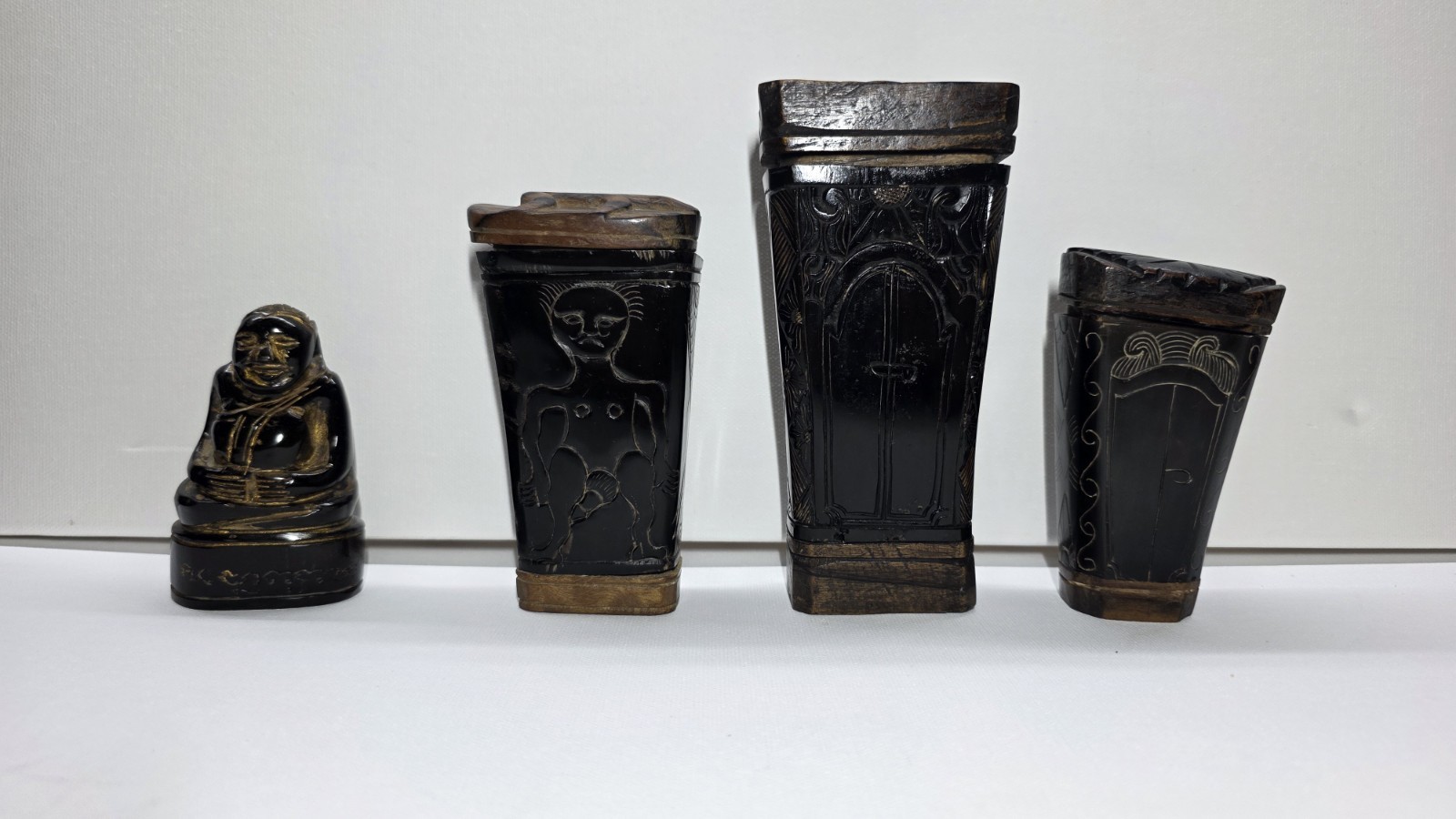 Carved Resin Tribal Style Cups w/ Wood Lids & Figurine Faux Horn Vintage Set — photo 1 of 14