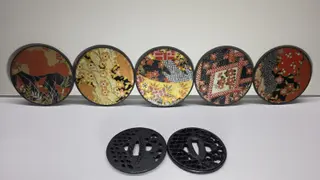 Japanese Themed Lot Coasters Kimono Pattern + Tsuba Sword Guards Katana Decor...